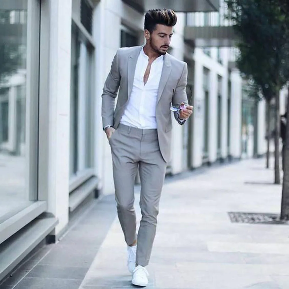Light Grey Men's Slim Fit 2-Piece Suits for Wedding Business Notch Lapel One Button Jacket & Trousers Smart Casual Men Suits 2