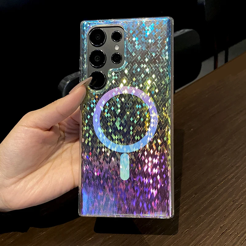 Laser Gradient Glitter Bling Wireless Charging Magnetic Case with Rhombus Grid Design