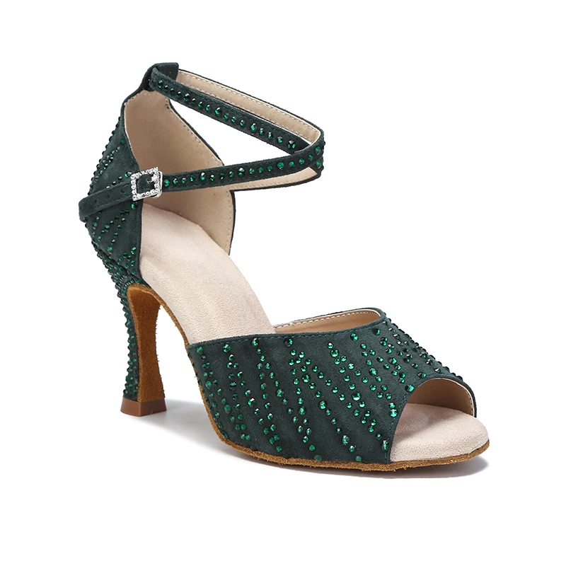 

2022 new diamond black, red and green Latin dance shoes women's shiny