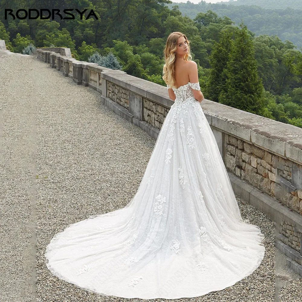 RODDRSYA Off Shoulder Lace Wedding Dresses Women Sweetheart Applique A-Line Sweep Train Bride Dress Customized