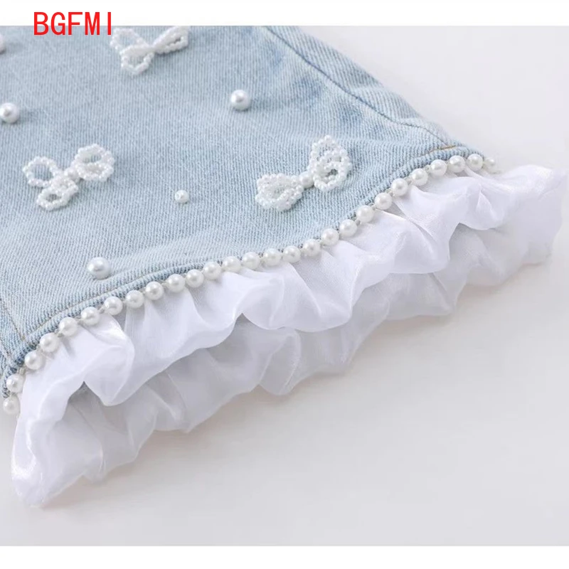 2026 봄 가을 신상 데님 트럼펫 팬츠 10대 소녀들을 위한 진주 프린지 장식 리본 청바지 5-12세 플레어 팬츠