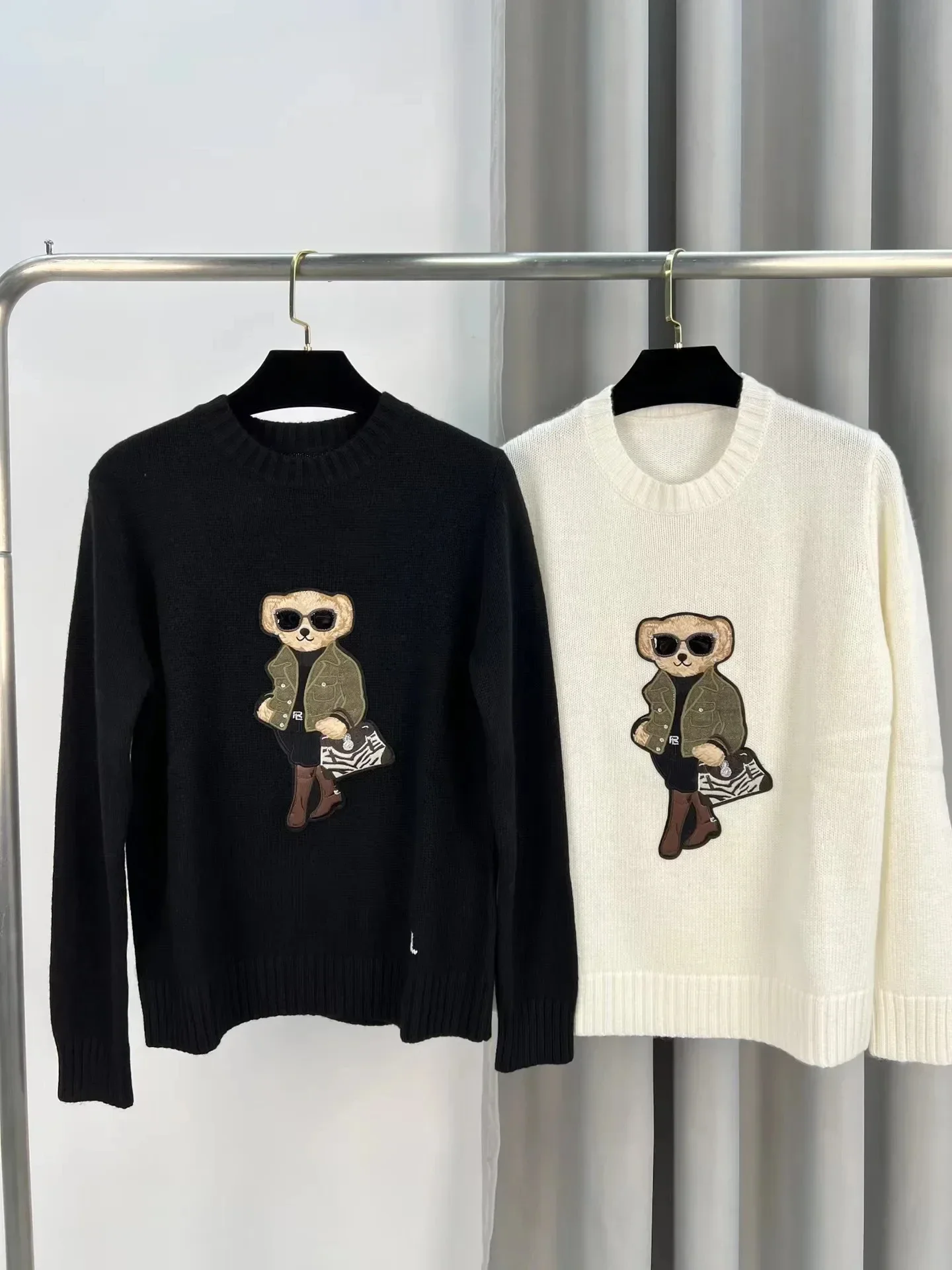 

New Women's Wool Sweater RL Round Neck Pullover Fashion Embroidered Bear Temperament Commuter Long Sleeve Knit Sweater