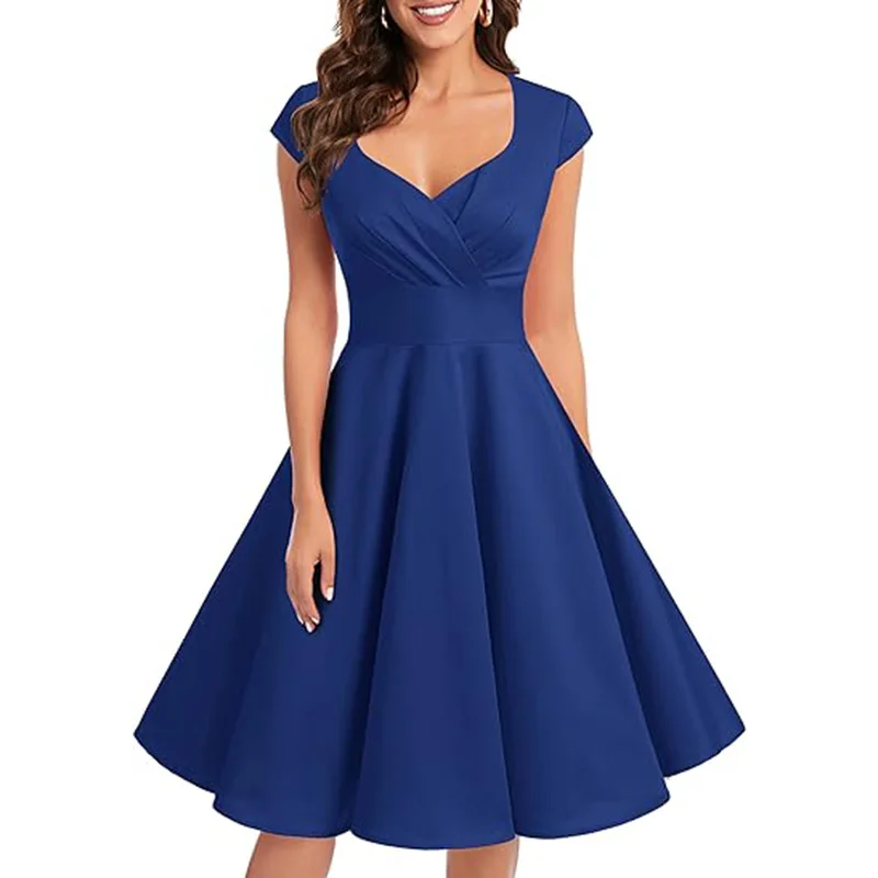 V Neck Cap Sleeves Satin Cocktail Dresses Knee Length Ruched A Line Short Prom Dresses Evening Formal Wedding Bridesmaid Gown