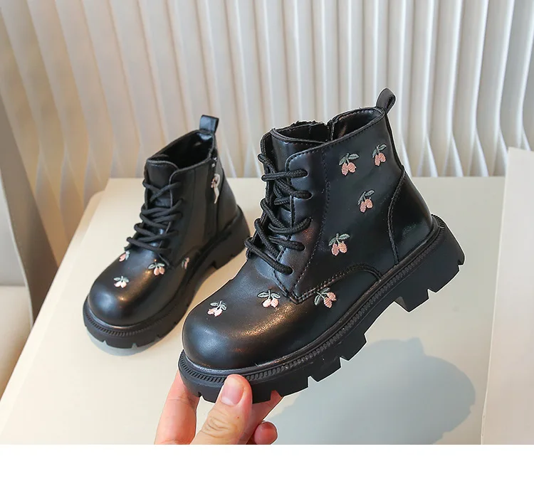 Stivaletti alla caviglia per bambini dolci, con ricamo, in pelle, per bambini, primavera, autunno, moda versatile, con lacci, per ragazze, corti, stivaletti_voghion.com