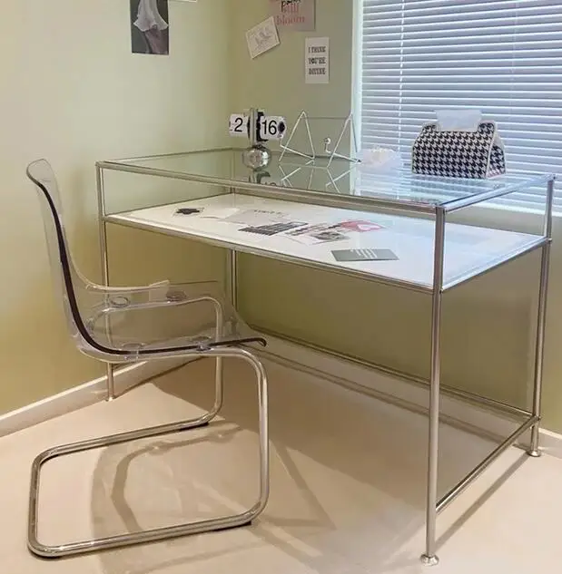 Net red stainless steel glass table nail table economical simple double deck nail creative makeup