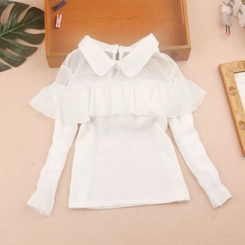 New Autumn Chiffon Blouse for Girls Long Sleeve Tops Korean Children Clothing School Girl White Dot Shirts Bow Patten Clothes