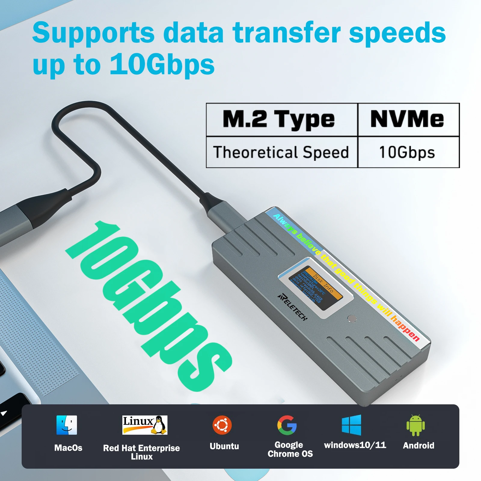 Reletech M.2 NVMe SSD Enclosure,USB 3.2 Gen 2 10Gbps, External M2 Solid State Drive Adapter Case