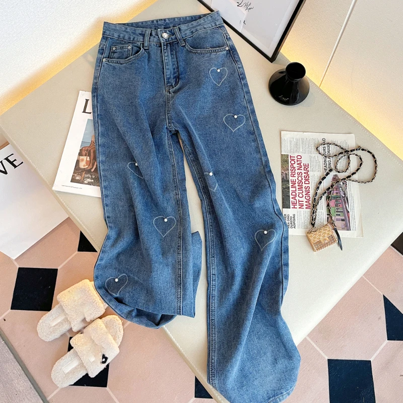 Women's Denim Pants Korean Style Solid Color High Waist Ankle-Length Straight Wide Leg Jean Pant for 18-24 Years Old