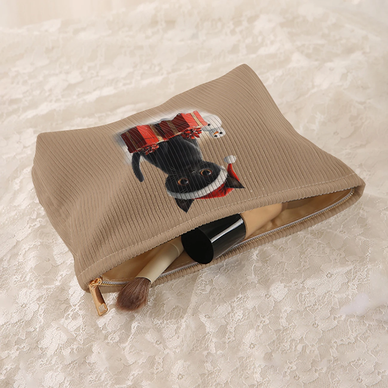 1 Christmas themed corduroy makeup bag, lightweight zipper makeup storage box, multifunctional bag with lining
