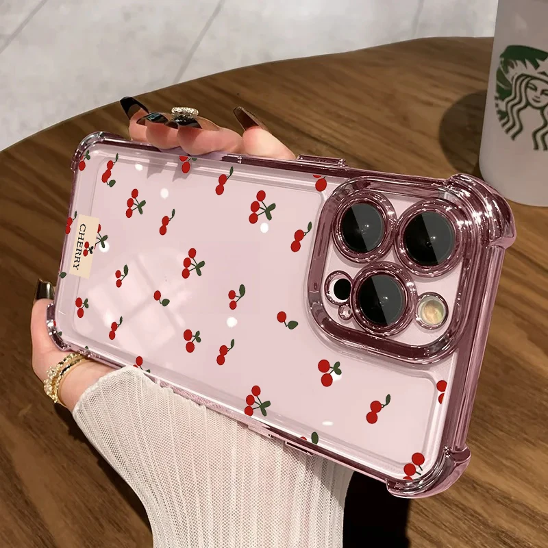Red Cherry Shockproof Transparent Electroplated Phone Case