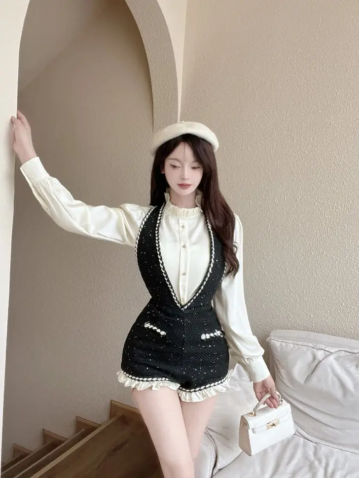 French Vintage Two-piece Set Women Solid Ruffles O-neck Shirt Tweed Halter Short Overalls Elegant Fashion Autumn Y2K Outfits New