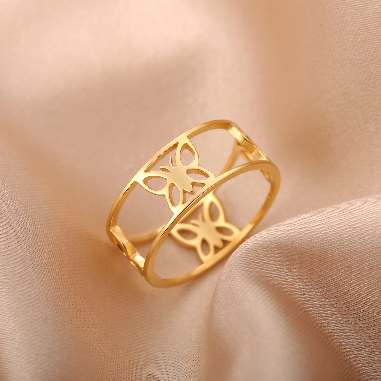 Adjustable 3D Butterfly Crystal Ring For Women - Gold Plated Open Finger Cuff, Aesthetic Gift - View #2