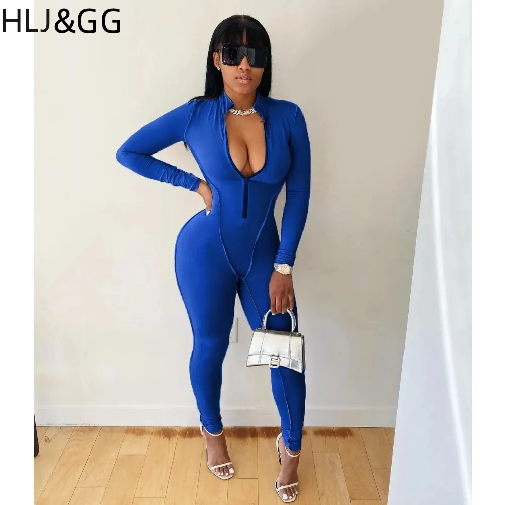 HLJ&GG Autumn Casual Deep V Zipper Sporty Jumpsuits Women Long Sleeve Skinny Pants One Piece Playsuits Female Solid Home Overall