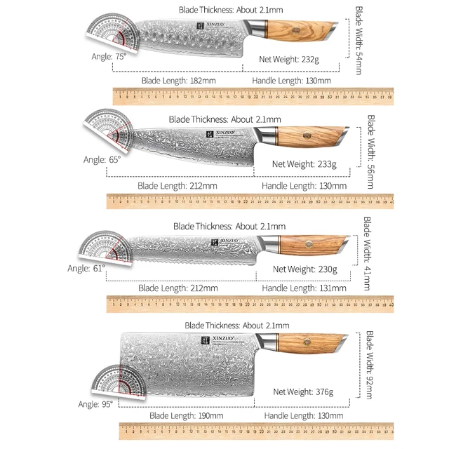 XINZUO 1-8ชิ้นชุดมีดครัวชุด73ชั้นที่กำหนดเองดามัสกัสเหล็ก15 ° ± 1ต่อเหล็กด้านข้างใบมีด Olive ด้ามไม้ 6