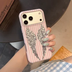 Korean Cute Pink and White Striped Wings Phone Case - Fashionable Shockproof Cover - iPhone 16 Pro (Wing)