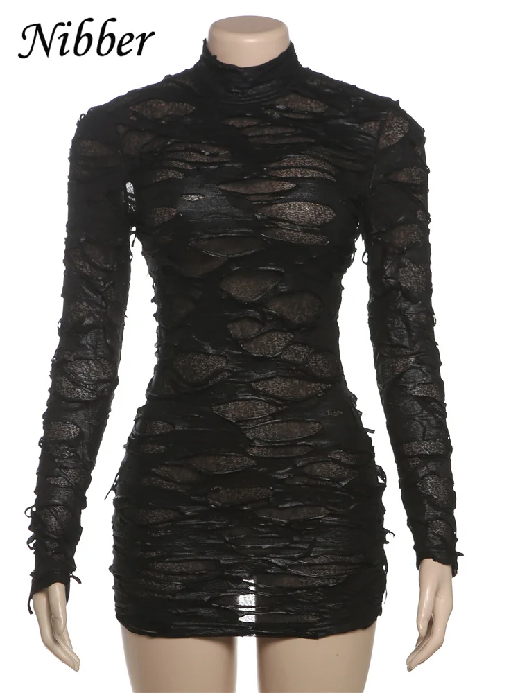 Nibber Destruction Style Dress Women Autumn Trend Turtleneck Backless See Through Full Sleeve Skinny  Sexy Stretch Mini Bodycon