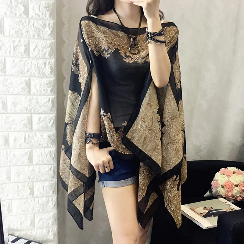 Women Summer Sunscreen Chiffon Shawl Scarf Fashion Luxury Floral Printed Bikini Cover Up Outdoor Beach UV Protection Tops