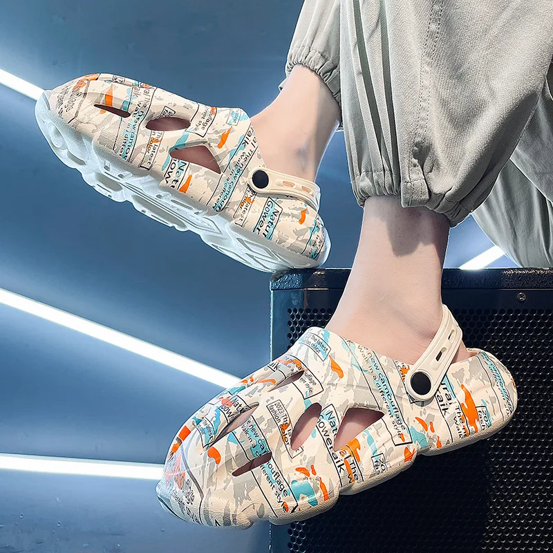 portable new summer shoes sandal man's soft casual graffiti two ways to wear beach