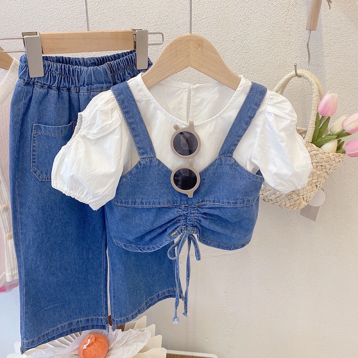 Summer Children'S Girls' Clothing Sets Denim Suspenders +Short Sleeve ...