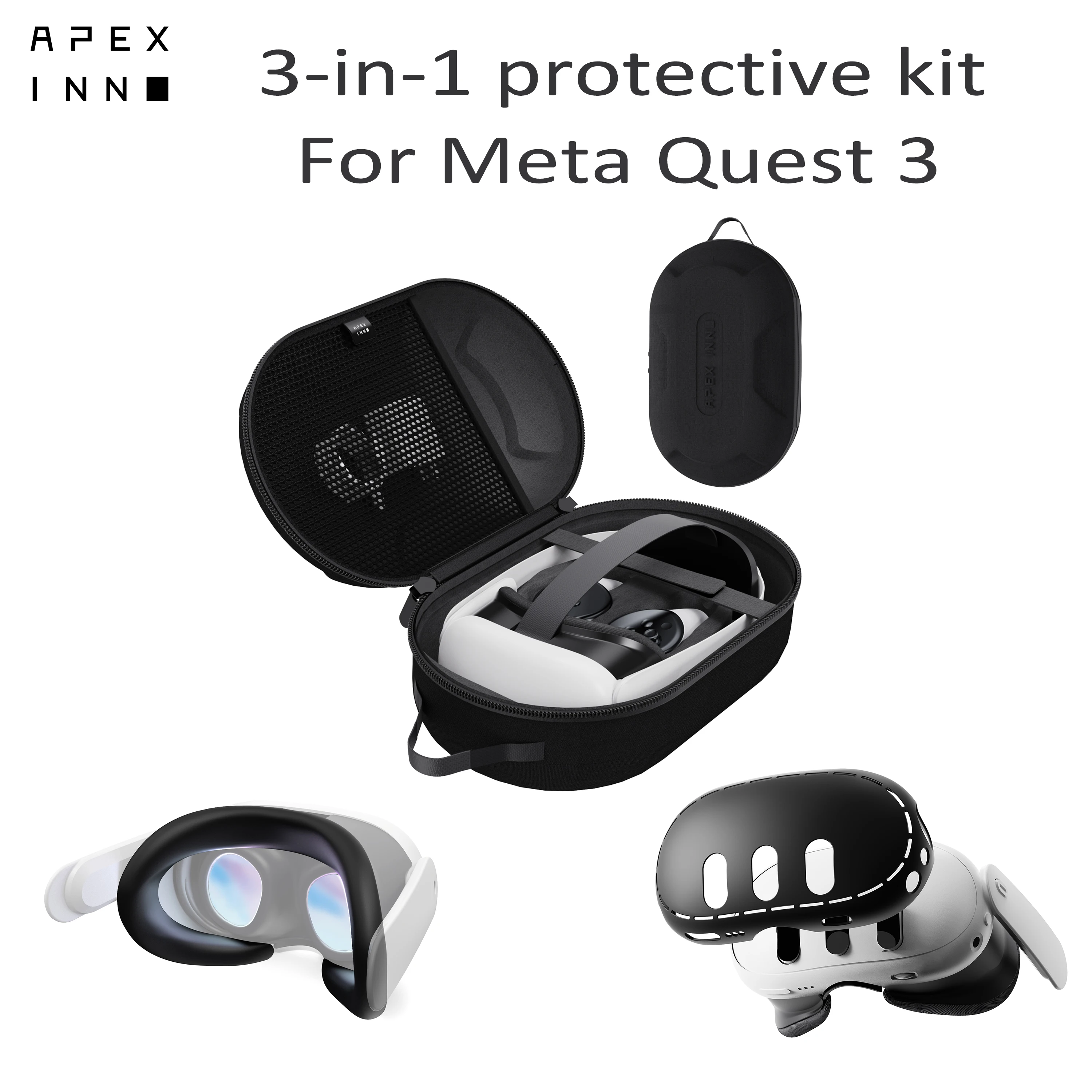 

APEXINNO Travel Carrying Case Headset Head For Meta Quest 3 VR Silicone face mask Shell Protective Cover 3 in 1 VR Accessories