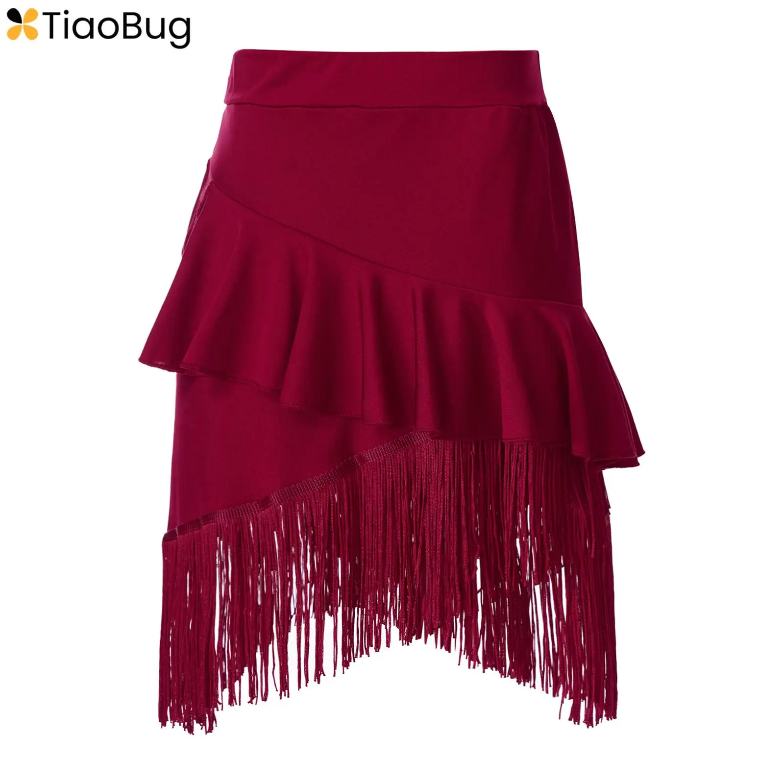Kids Girls Ruffle Latin Dance Skirt Elastic Waist Swing Hem Skirt Jazz Tango Ballroom Performance Costume Dancewear