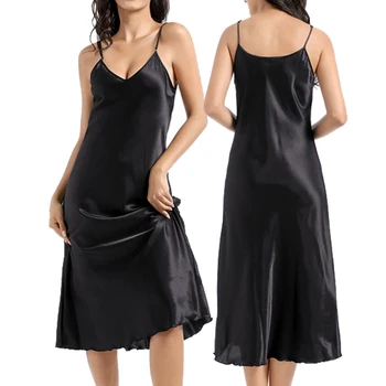 Solid Long Nightdress Silky Satin Lingerie Sexy V Neck Women Leisure Chemise Sleepwear Loose Nightgown Summer New Nighty Dress