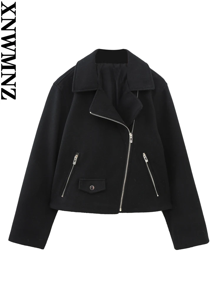 

XNWMNZ 2023 Women fashion soft bicycle jacket Woman high street lapel long-sleeved zipper top female chic cropped jacket