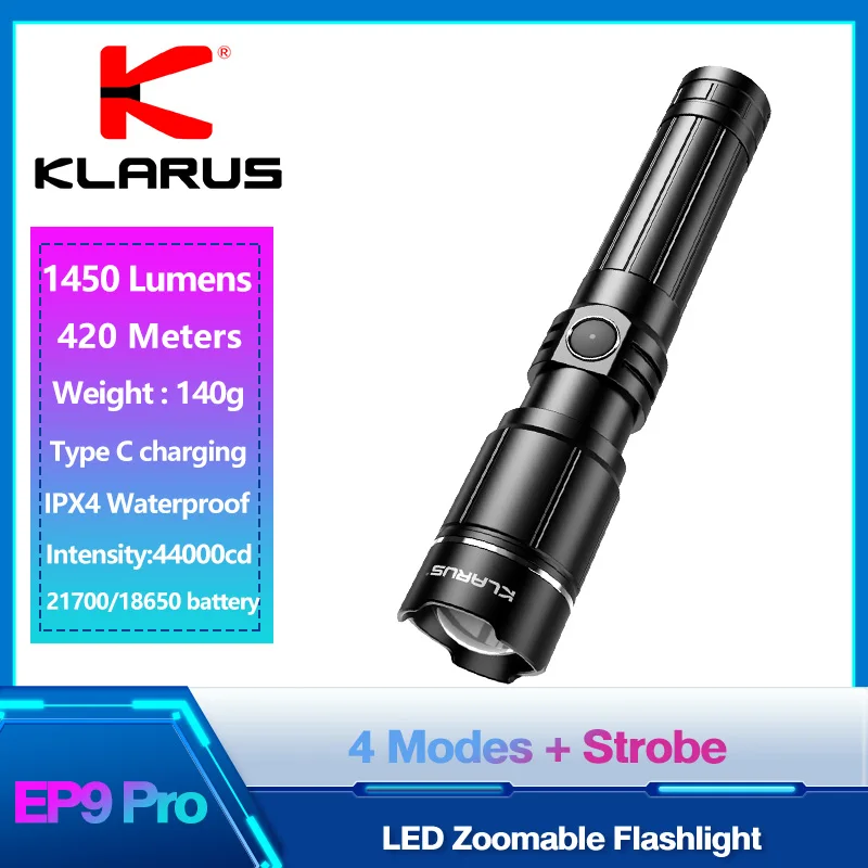 Zoomable Flashlight Rechargeable EDC Klarus Tactical Flashlight Adjustable Torch Light EP9 Pro