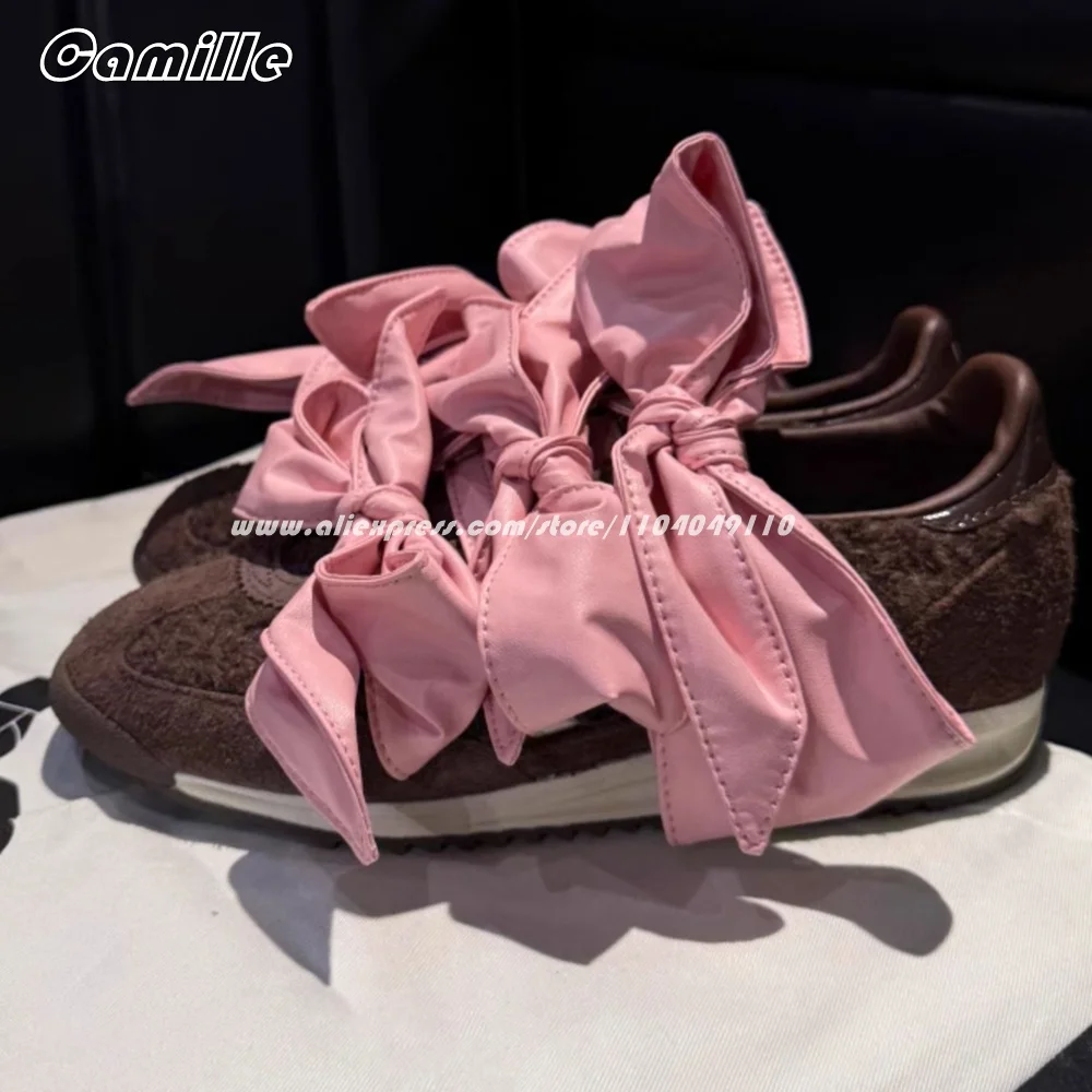 Retro Mixed Color Bow Knot Suede Flat Vulcanized Shoes Round Toe Silk Casual Lady Shoes Autumn New Size 36-40 Training Shoes 5