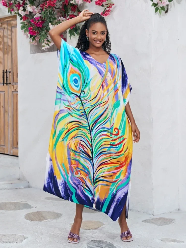 

Beach Kaftans for Women Printed Maxi Dresses Cover Ups for Swimwear Elegant Summer Holiday Bathing Suits Dropshipping Hot Sales