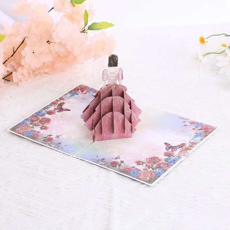 Pop up style Rose Girl Postcard Flower Greeting Card Wedding Invitation Card Princess Valentine's Day Confession 3D gift