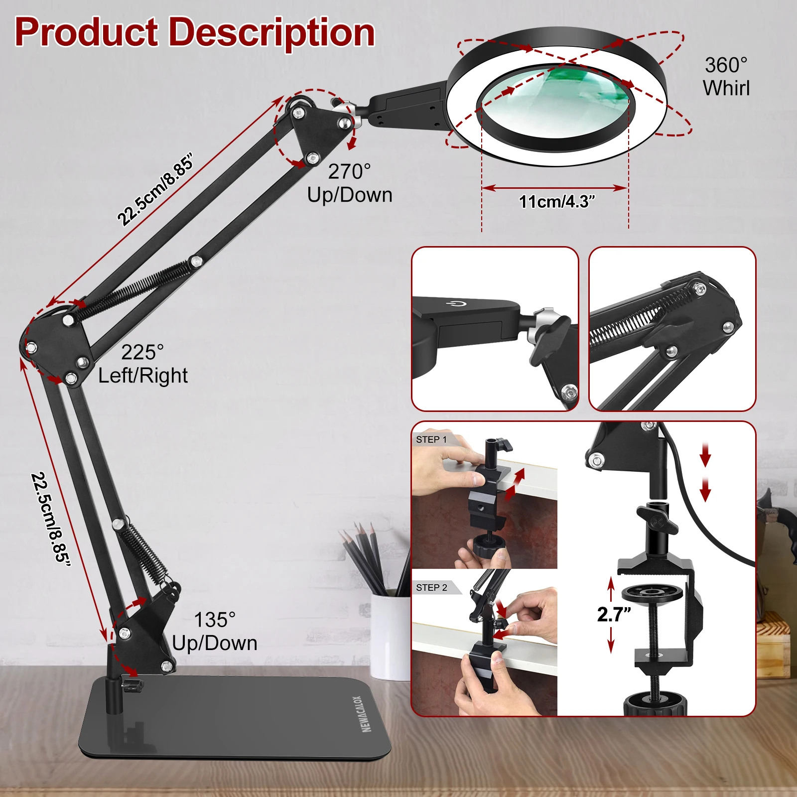 Handy - Grande lampe loupe de bureau avec pince de table - Loupe