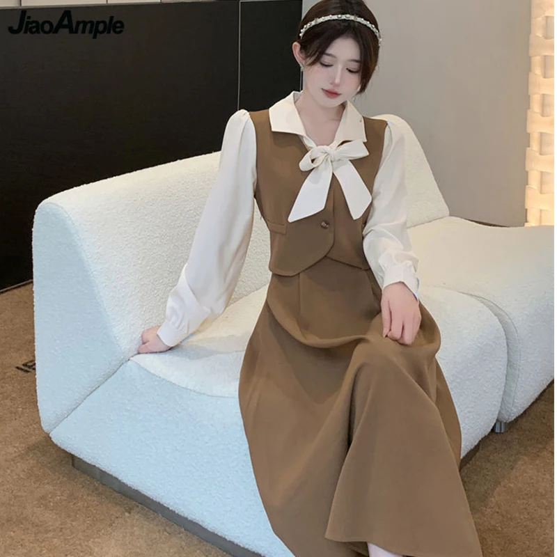 

2024 Spring Autumn Graceful Patchwork Bowknot Midi Dress Korean Lady Elegant Fake Two Piece Dresses New Date Clothing Female