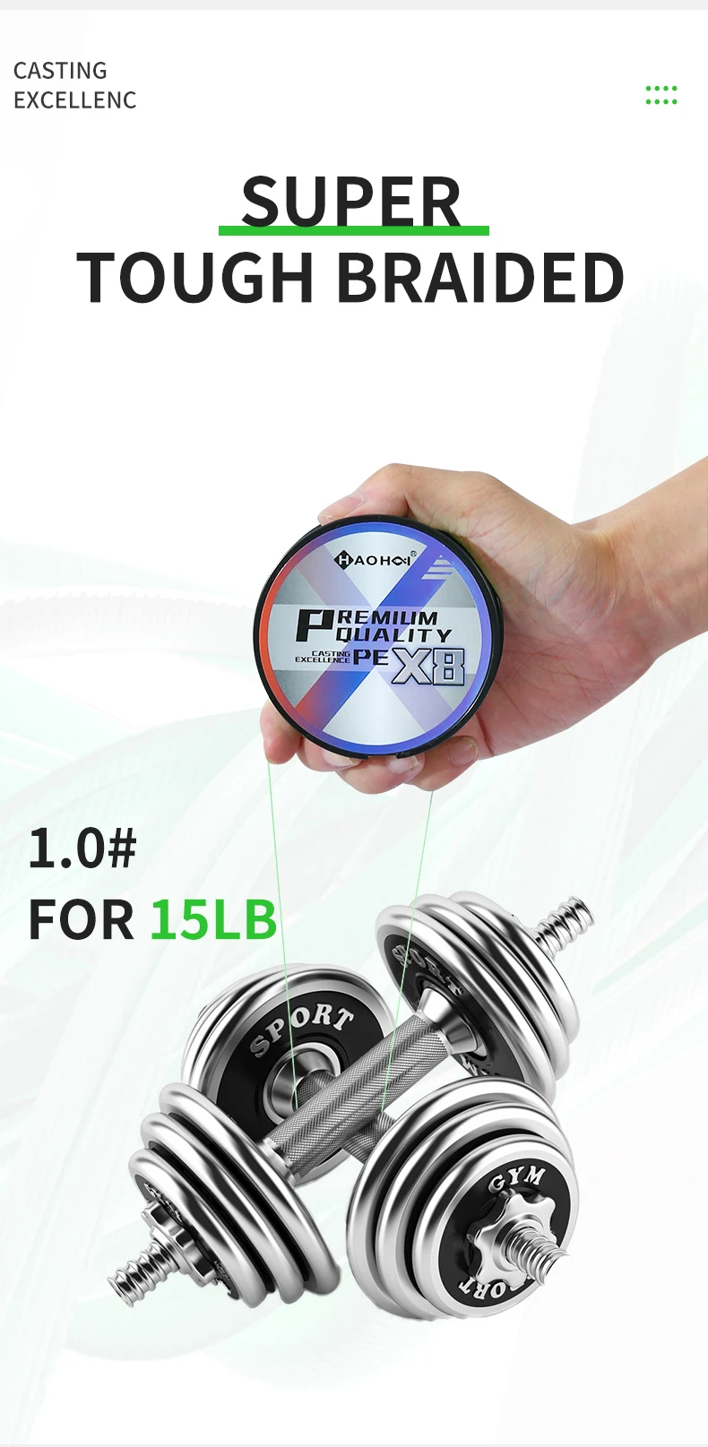 HAOHAI  X8 100YDS 500YDS 1000YDS Braided Fishing Line 8 Strands MultiColor Multifilament Saltwater PE Line 12LB-80LB 5