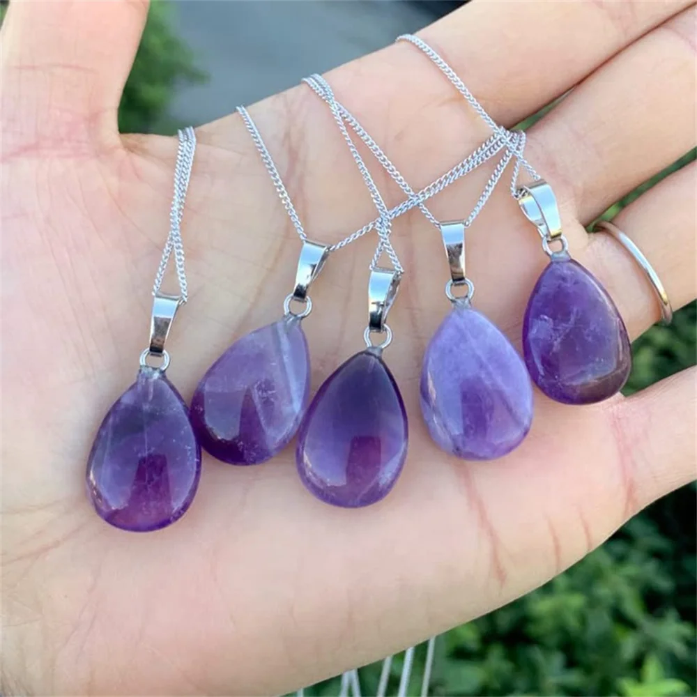 

Natural Stone Amethyst Lucky Drop Pendant Reiki Healing Purple Crystal Charms Chain Necklaces for Women Men Amulet Jewelry