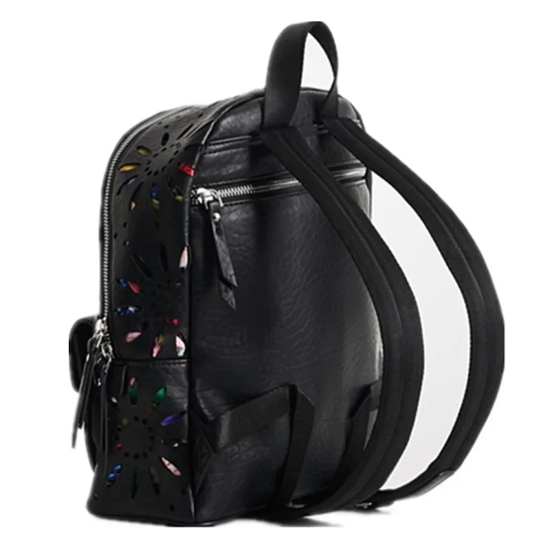 New Women's Black Fashion Hollow Floral Print Handheld Dual-Shoulder Backpack Stylish Trendy Ladies Bag for Various Occasions - 3