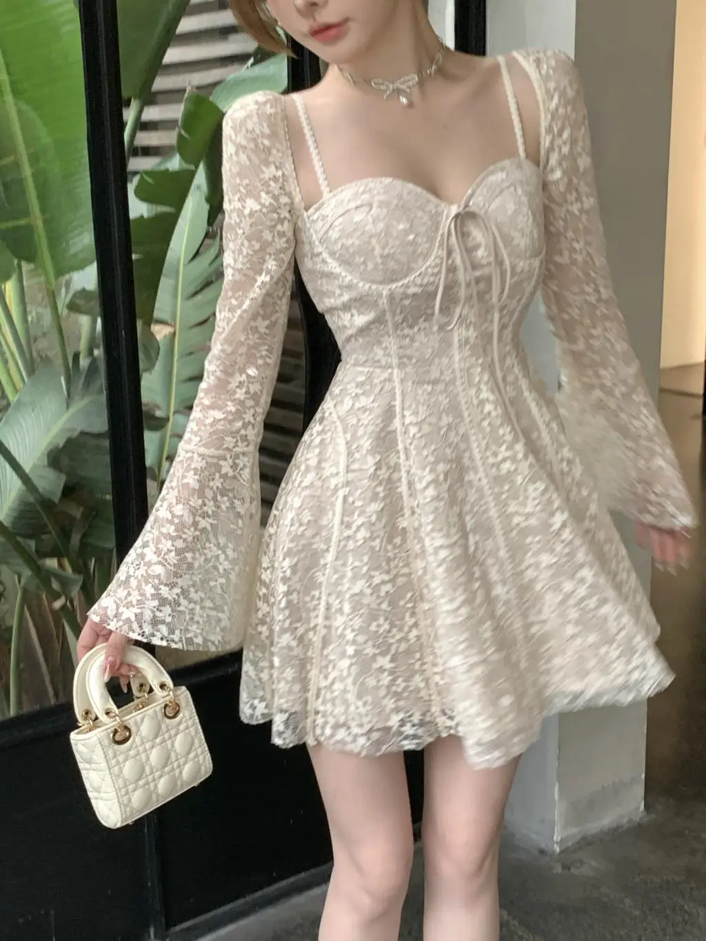 Sexy Lace Mini Dresses for Women Flare Sleeve Square Collar Corset Slim A-line Wedding Birthday Party Dress Y2K Prom Vestidos