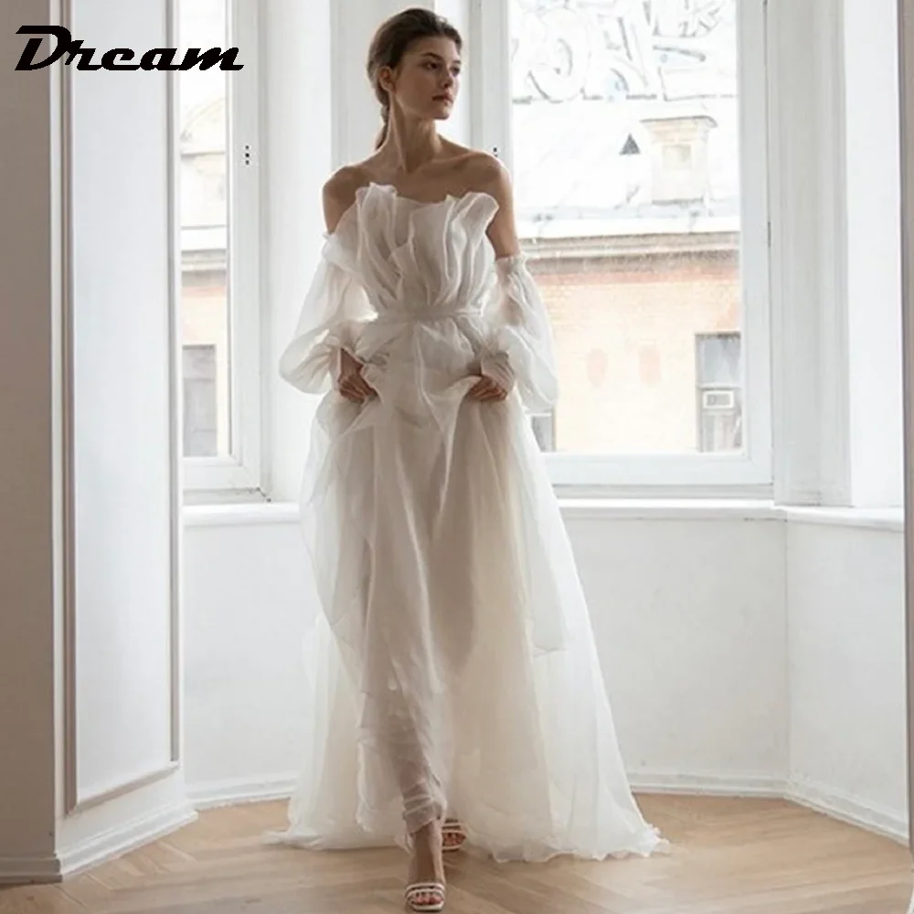 

DREAM Scalloped Neck Organza Long Sleeves Boho Wedding Dress Off Shoulder Cheap A Line Backless Princess Elegant Bridal Gown