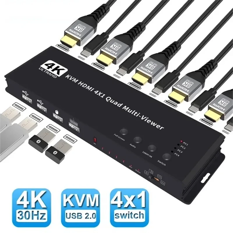 

KVM HDMI Multiviewer Switch 4K HDMI KVM 4 In 1 Out Video Cutting 4X1 Seamless Quad Multi-viewer KVM Switcher For 4 Computer PC