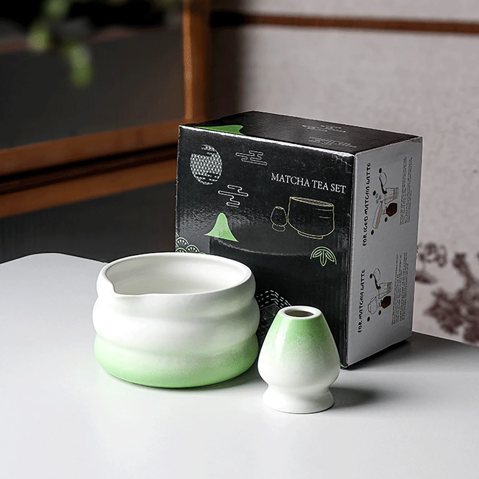 2 Pieces Traditional Japanese Matcha Bowl and Whisk Holder Tea Bowl with Pouring Spout for Office Table Tea Ceremony Party Gift matcha tea set matcha tea tools tea set