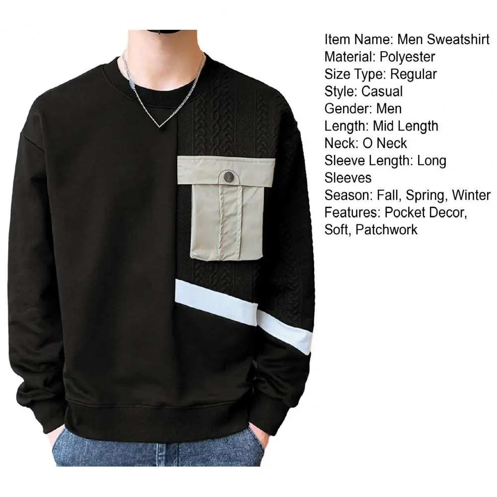 Description Picture 3 of itemLightweight Men Sweatshirt Men's Round Neck Applique Pocket Patchwork Sweatshirt Soft Breathable Long Sleeve Pullover for Fall