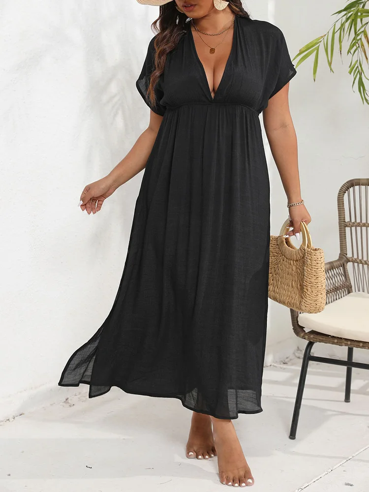 GIBSIE Plus Size Sexy Deep V Neck Backless Bikini Cover Up Women Summer 2024 New Vacation Casual High Split Long Beach Dresses 6