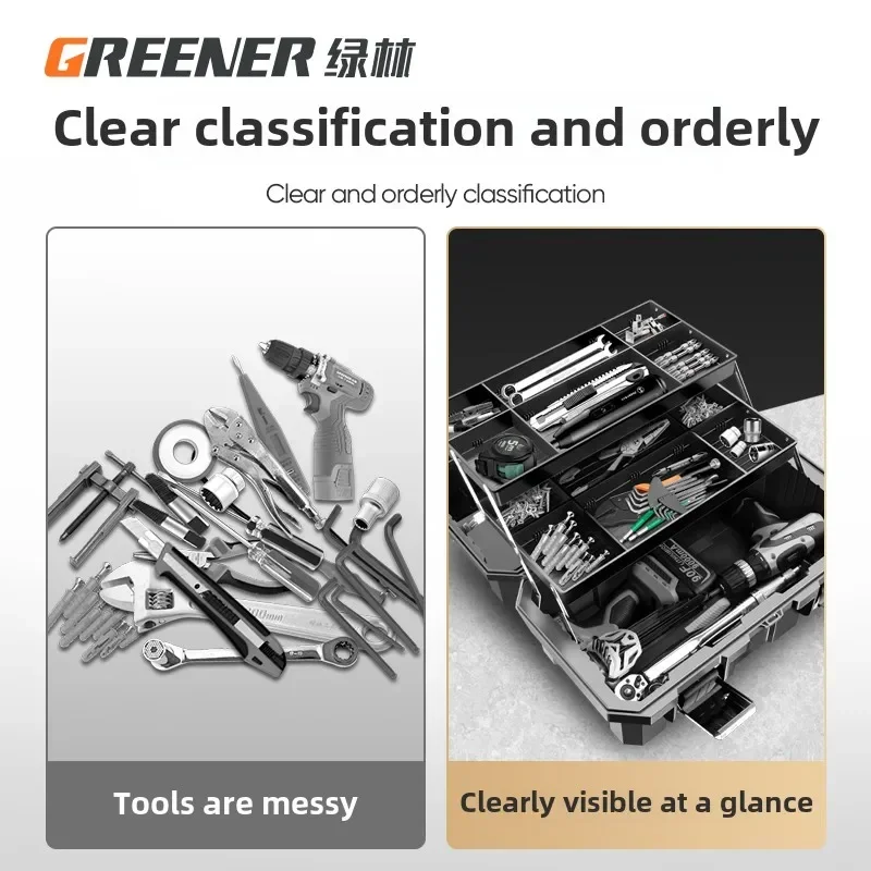 Professional Heavy Duty Green Toolbox with Foldable Three Layers and Multi-Purpose Carrying Handle 3