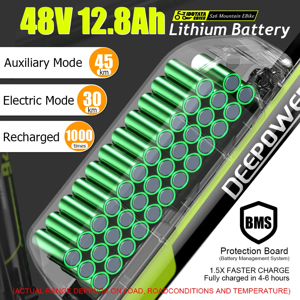IDOTATA 성인용 산악 전기 자전거, 리튬 배터리, 500W 모터, 21 단 속도, 사이클링 자전거, 26 인치 전기 자전거, 48V, 12.8AH