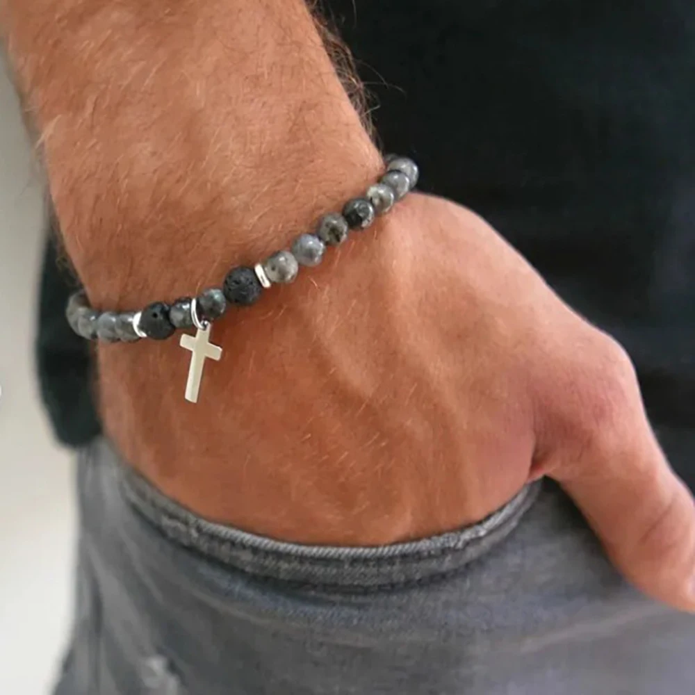 Men White Howlite Lava Stone Beaded Bracelet