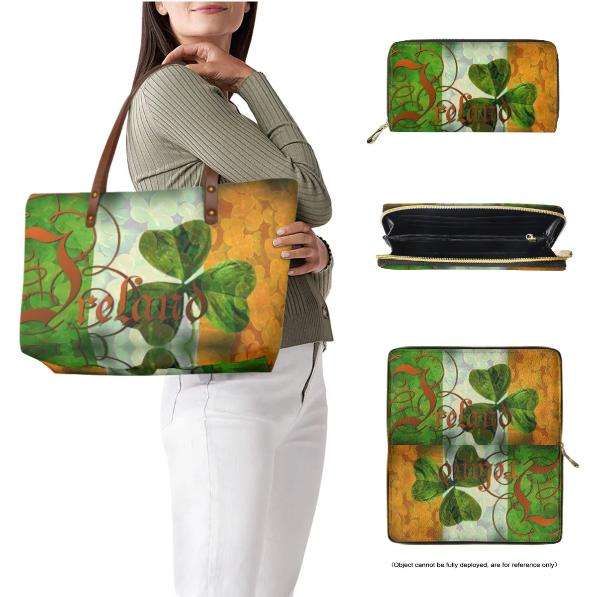 FORUDESIGNS Versatile Large Capacity Tote Wallet Combo Irish Flag Shamrock Bucket Bag Leather Wallet Ladies Easter Gift