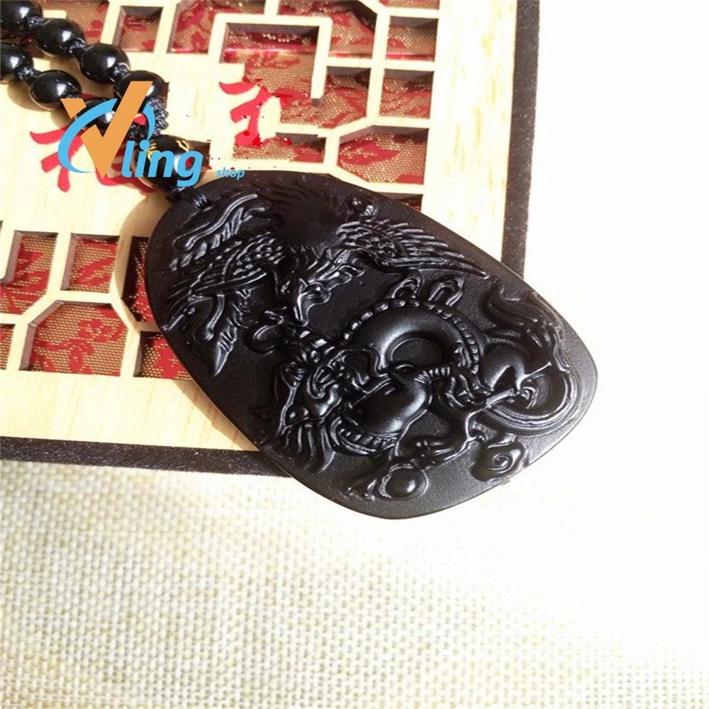 Natural Obsidian Dragon And Phoenix Pendant StatementNecklaceBohemianMan Nick Little Girl Korean Fashion Lucky Charmsspiritual