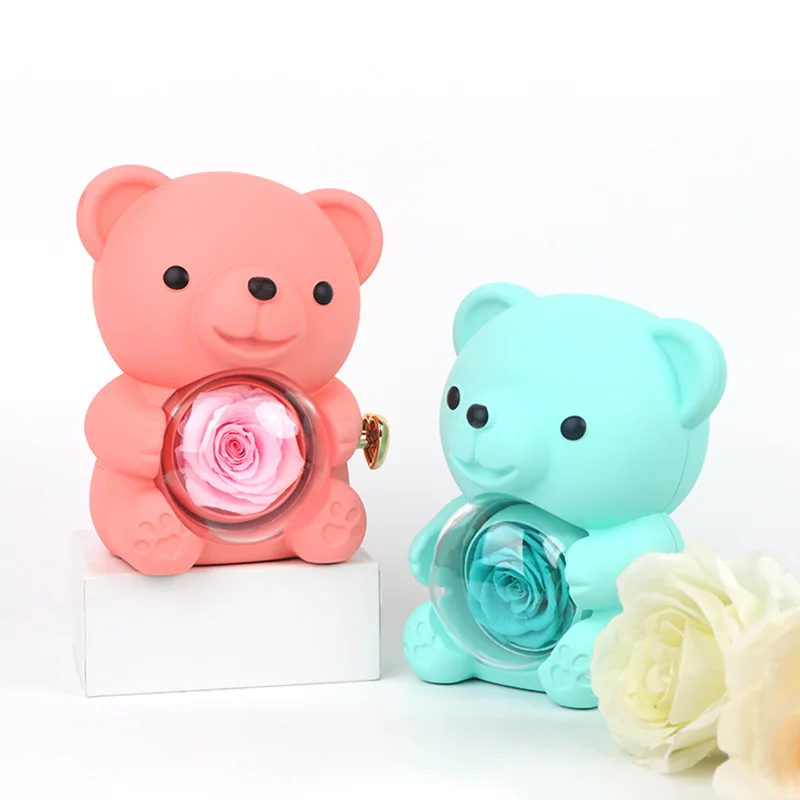 

Acrylic Teddy Bear Eternal Flower Ring Necklace Package box and Love Necklace engraved Custom Words Anniversary Wedding Gift box