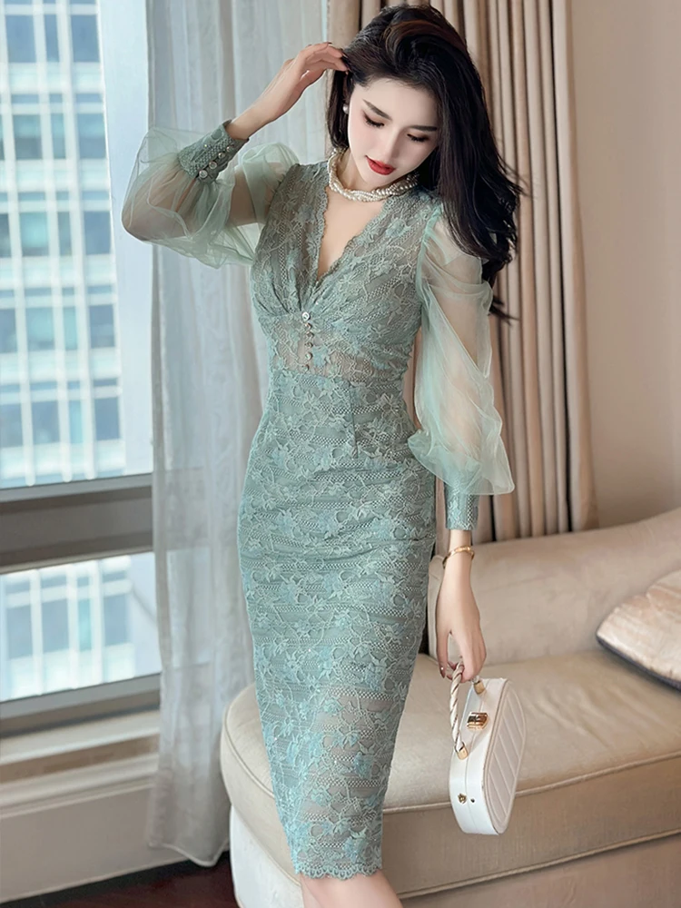 New Spring Autumn Lace Long Dress Women Ladies Clothes Elegant V-Neck See  Through Slim Midi Gown Robe Femme Mujer Vestido Fiesta - AliExpress  200000345