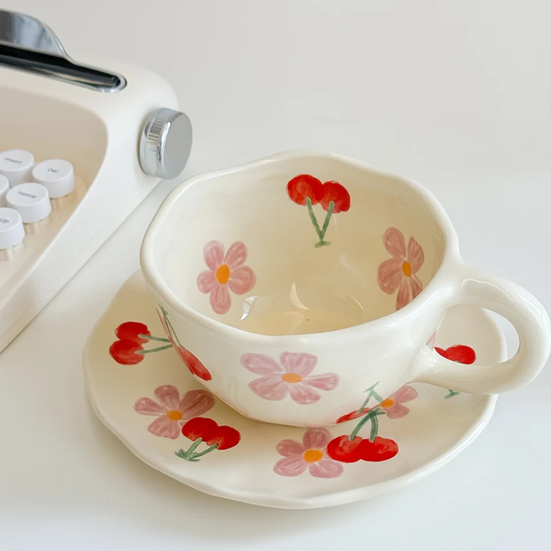 Coffee Cup Saucer Set Korean Style Flower pattern Ceramic Cup and Saucer Set Hand Pinched Irregular Coffee Cup Milk Afternoon Tea Tableware Gifts